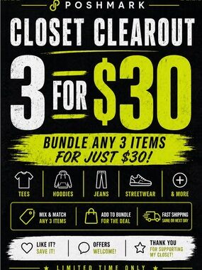 Poshmark Closet Clearout 3 for $30 Promotional Poster